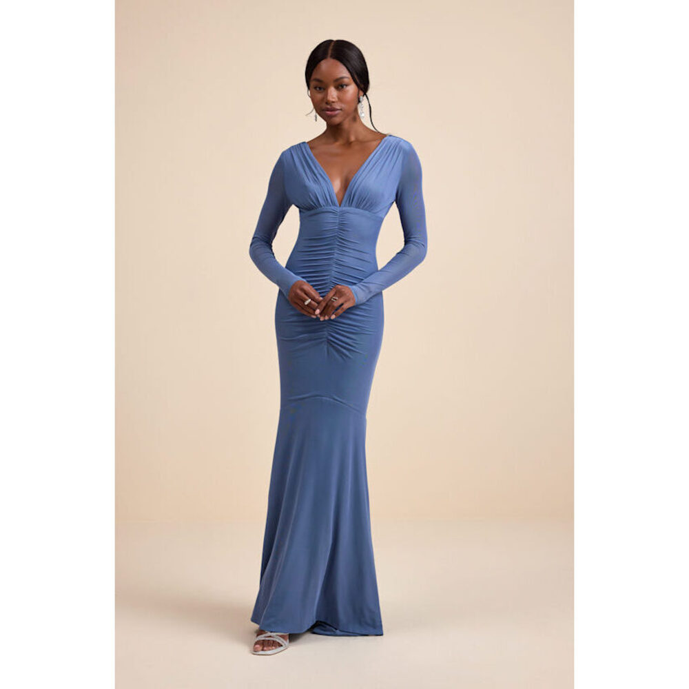 Lulus Georgina Slate Blue Jersey Knit Ruched Mermaid Maxi Dress - Size M